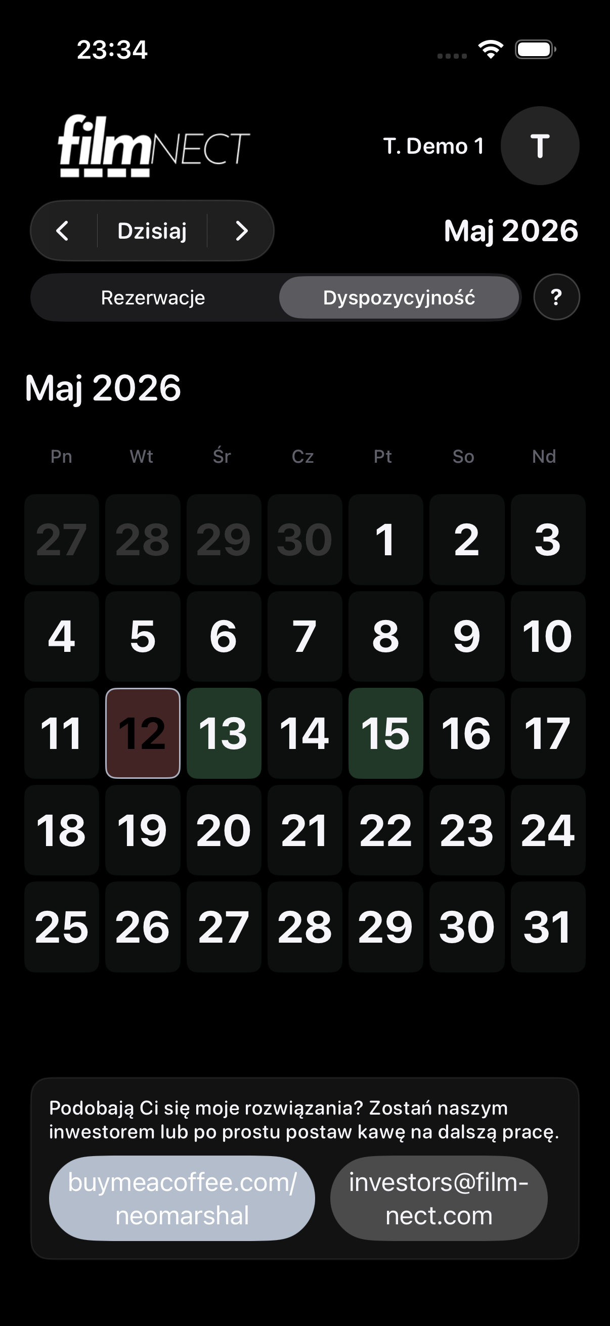Filmnect availability calendar screen