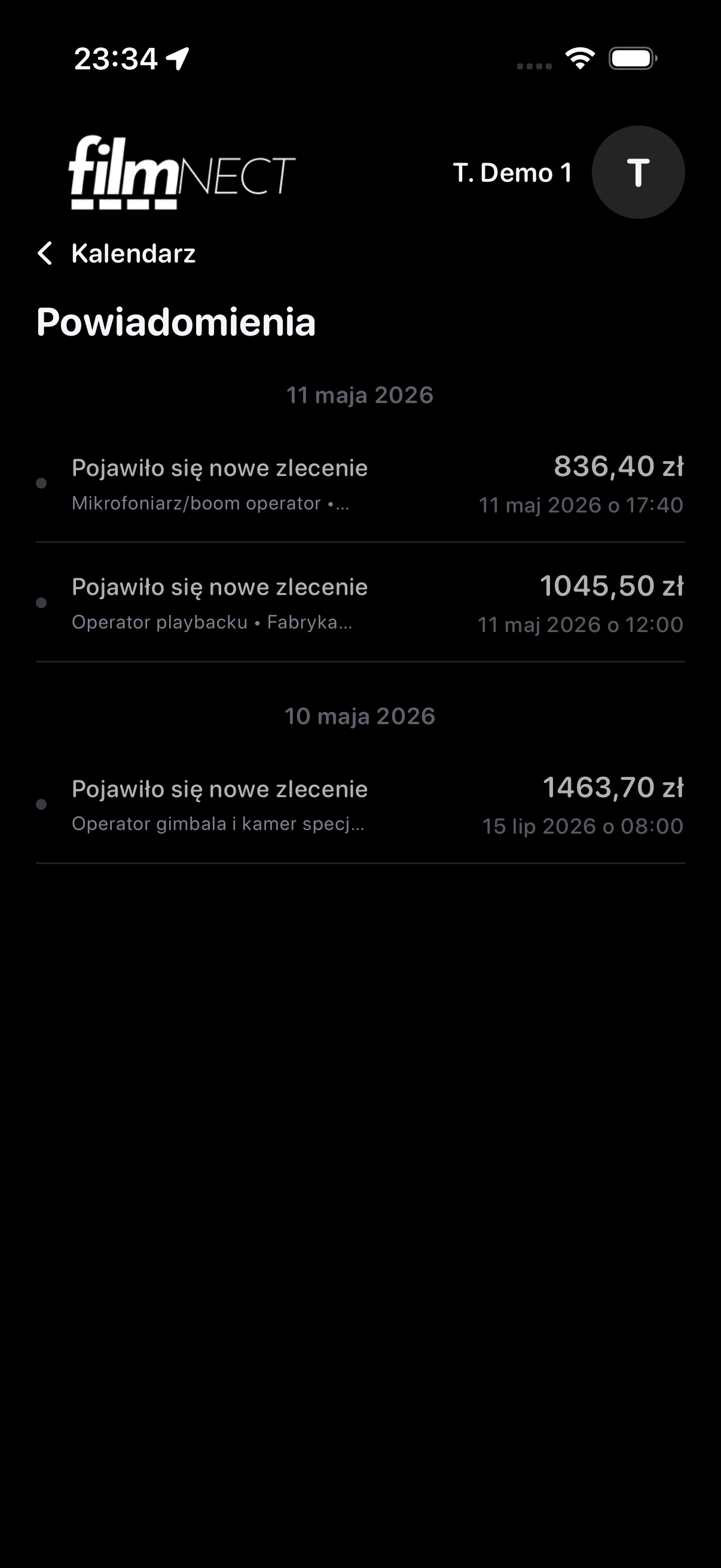 Filmnect notifications screen