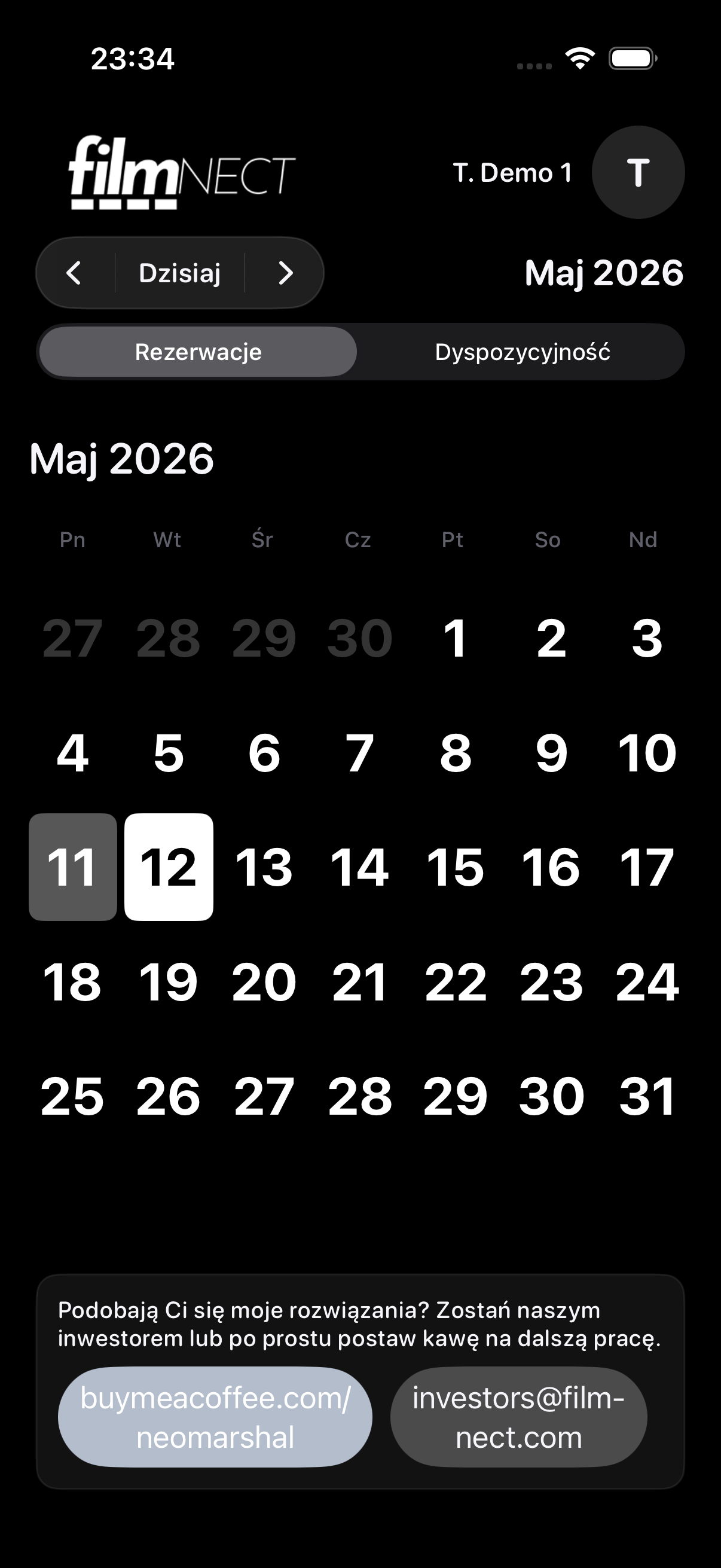 Filmnect reservations calendar screen